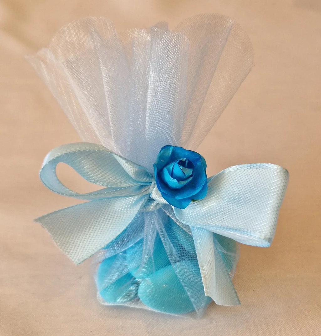 Pochon Mariage Festif Bleu - 7 Dragées au Chocolat - AngelAnge