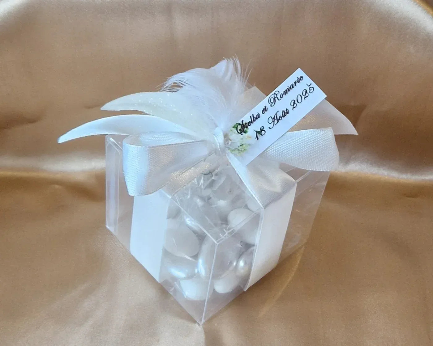 Contenant Mariage Transparent Motif Feuille - Dragées Blanches et Argentées - AngelAnge