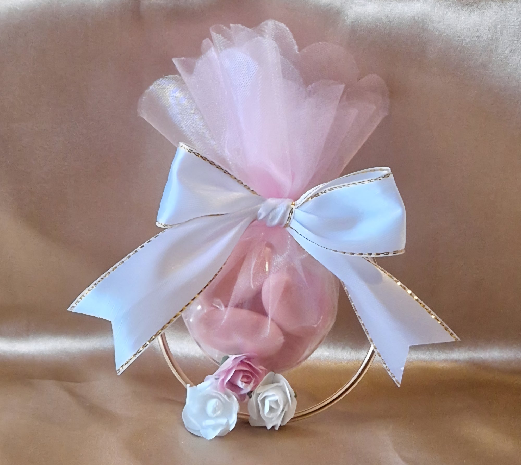 Contenant Mariage Prestige Roses - Anneau Doré 5 Dragées Chocolat