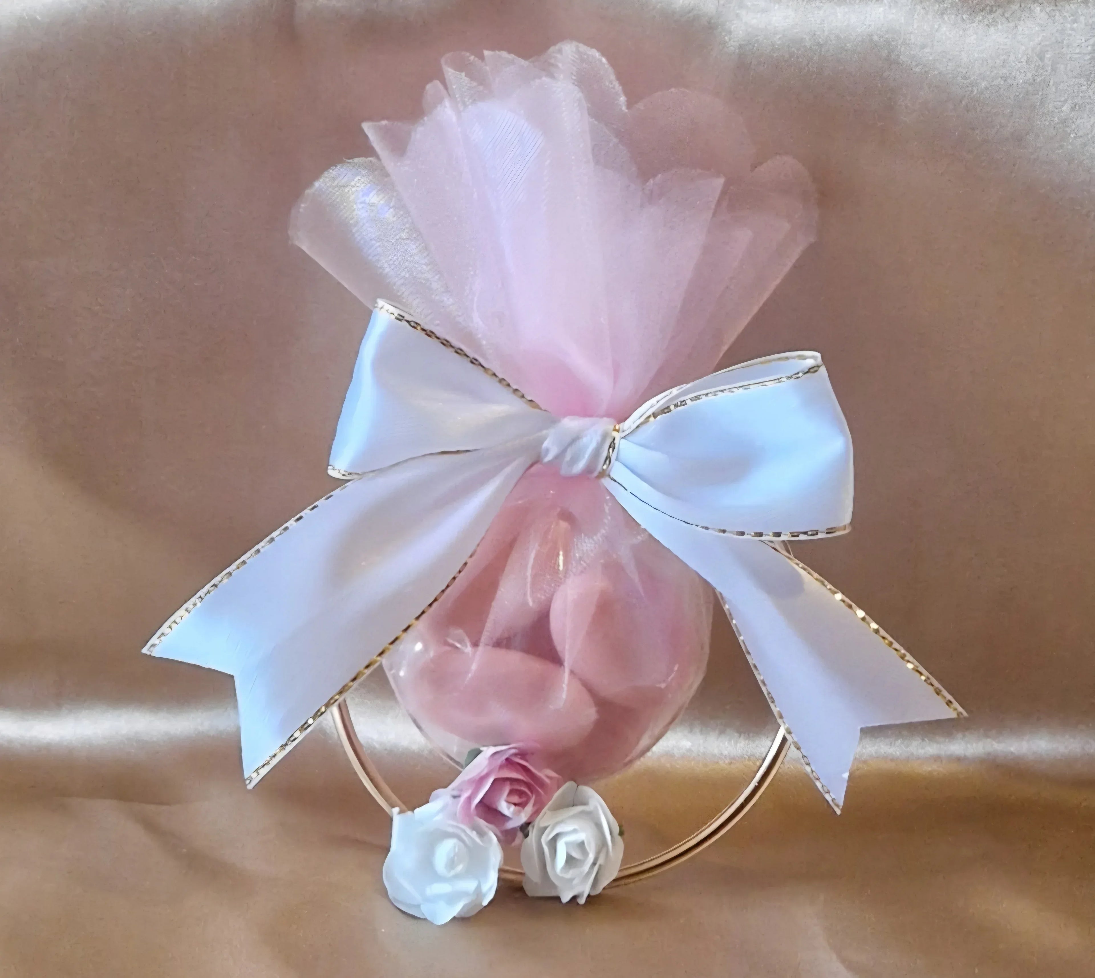 Contenant Mariage Prestige Roses - Anneau Doré 5 Dragées Chocolat - AngelAnge