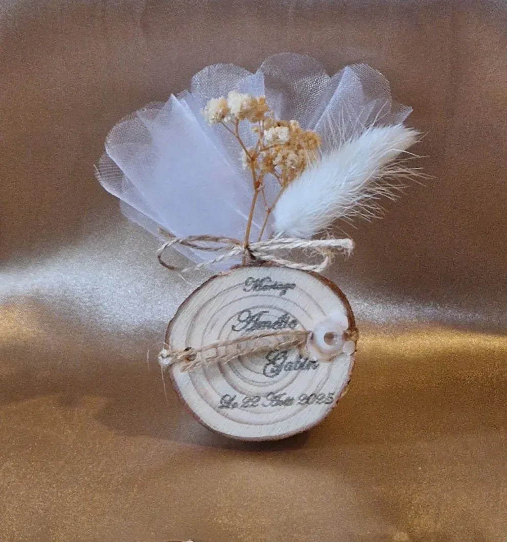 Pochon Mariage Fleurs Séchées Personnalisé avec 7 Dragées Reynaud - Gravure Bois - AngelAnge