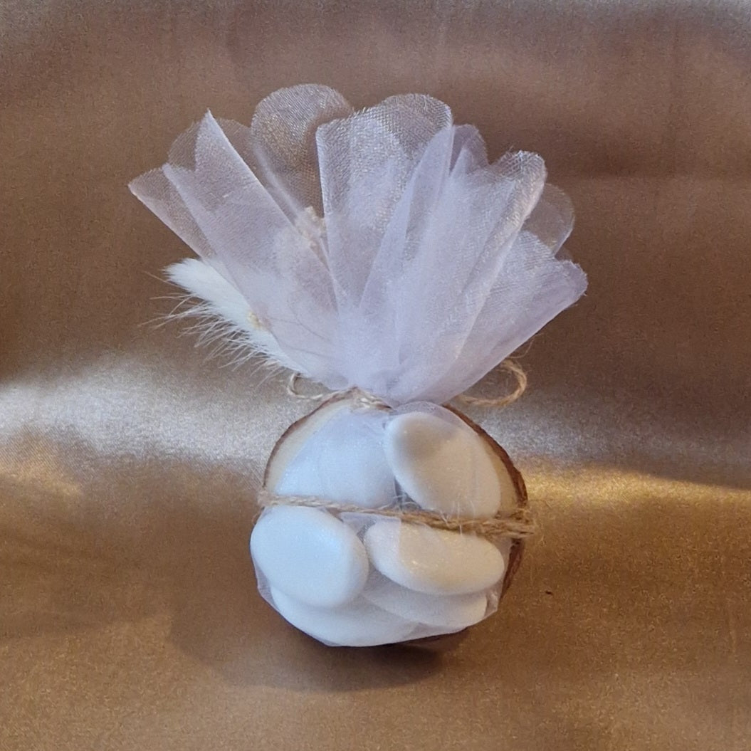 Pochon Baptême Blanc Personnalisé avec 7 Dragées Reynaud - Gravure Bois