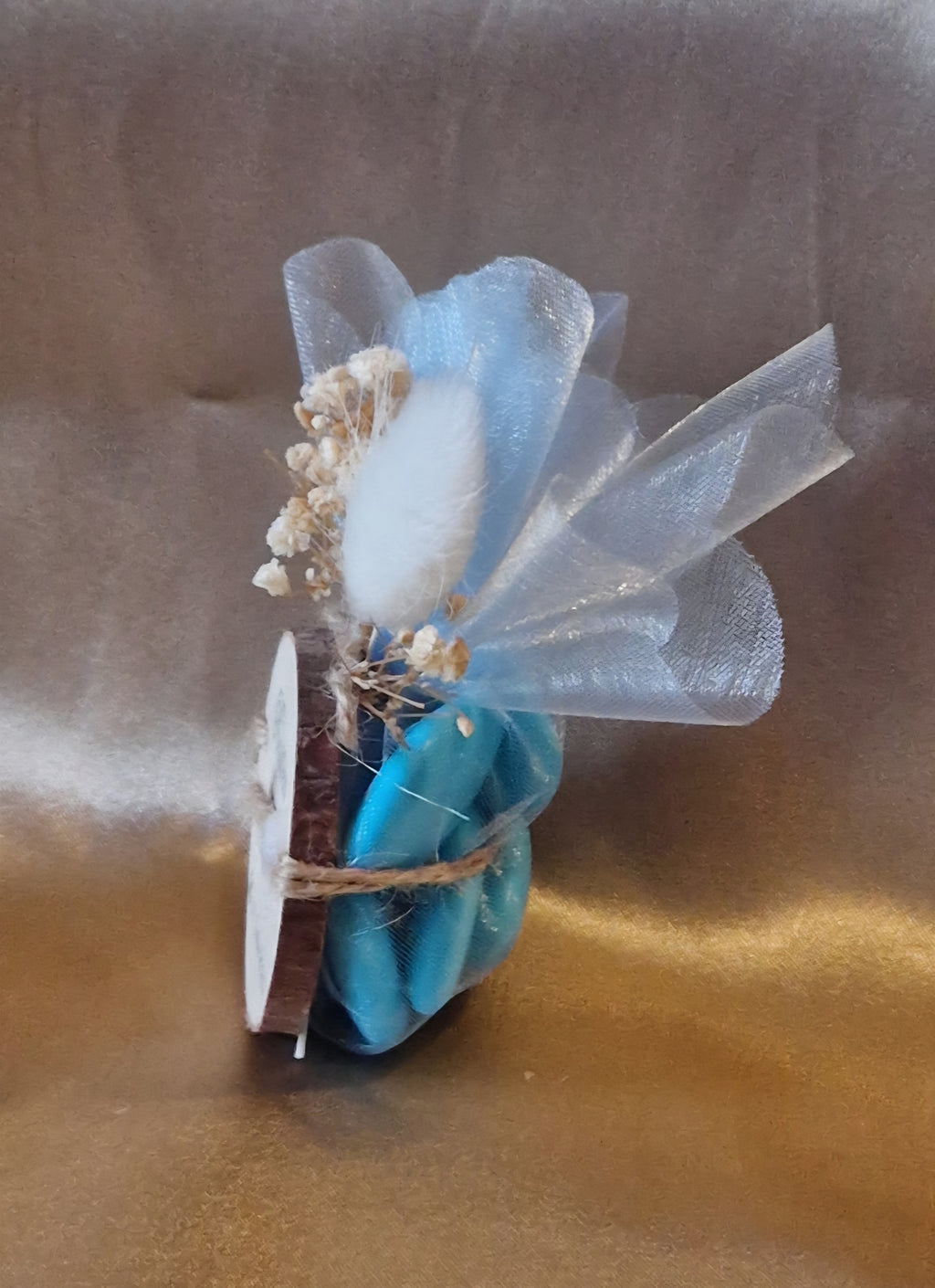 Pochon Baptême Bleu Personnalisé avec 7 Dragées Reynaud - Gravure Bois