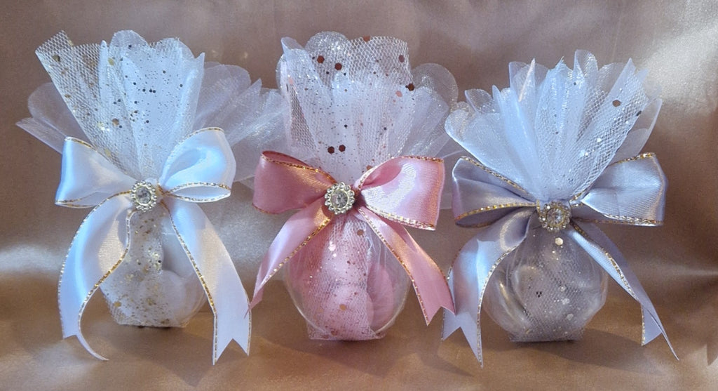 Pochon Cadeau Pailleté Blanc Champagne avec Dragées Chocolat - Mariage