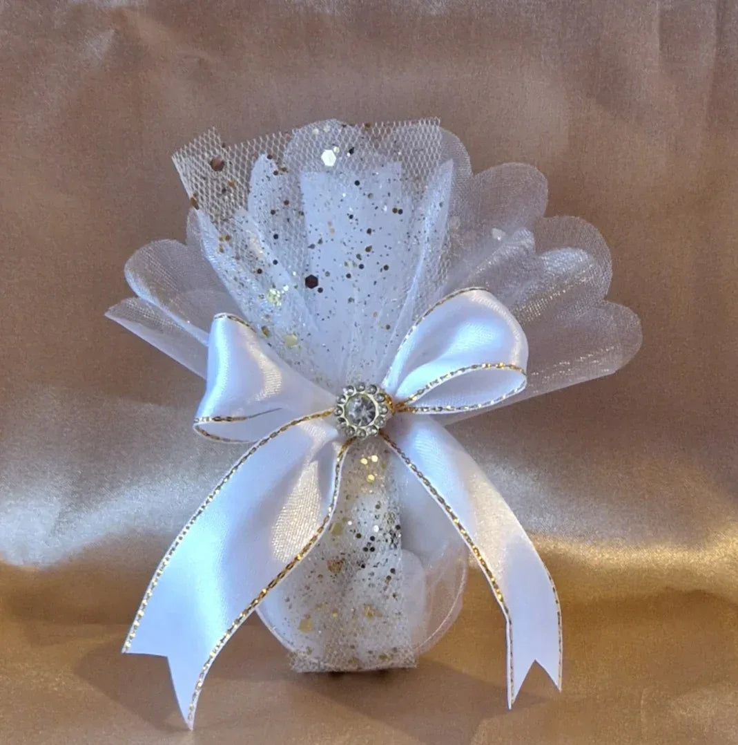 Pochon Cadeau Pailleté Blanc Champagne avec Dragées Chocolat - Mariage - AngelAnge