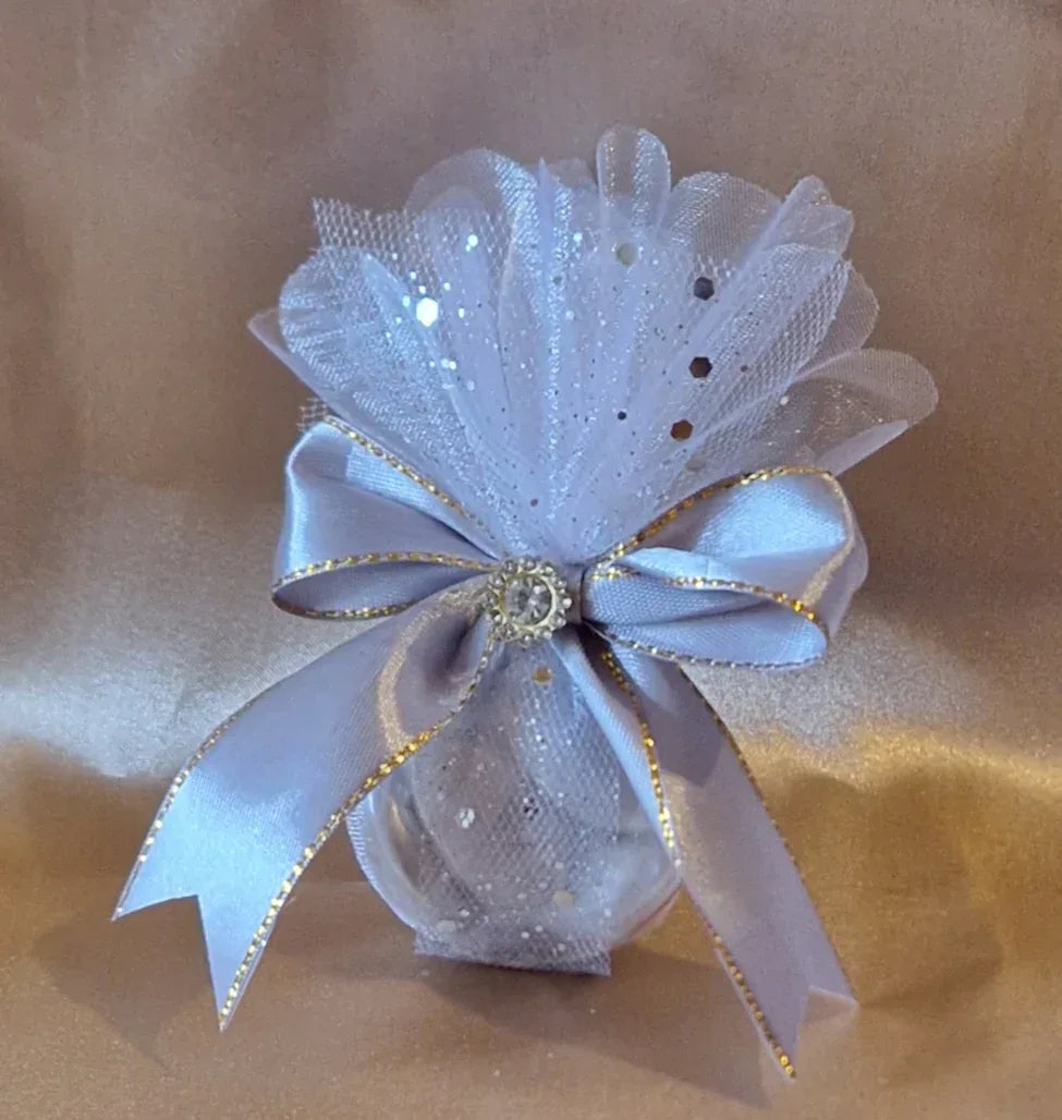 Pochon Cadeau Pailleté Gris avec Dragées Chocolat - Mariage & Événements - AngelAnge