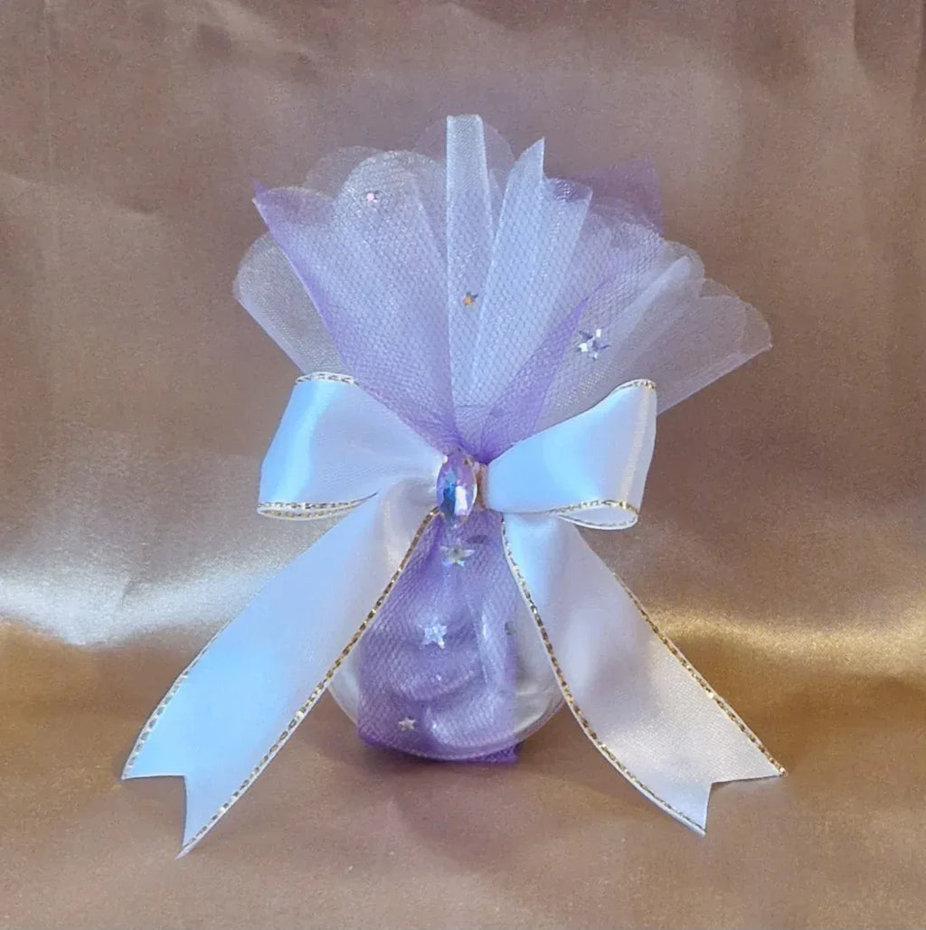 Pochon Cadeau Pailleté Blanc & Violet avec Dragées Chocolat - Mariage - AngelAnge