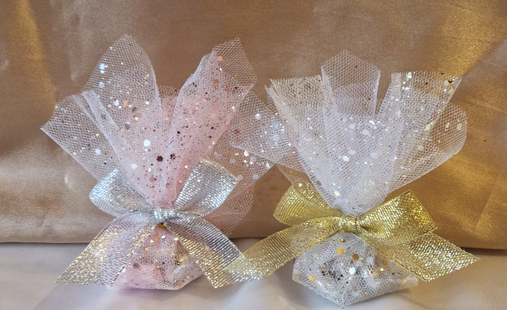 Pochon Pailleté Champagne & Blanc Élégant - 7 Dragées Chocolat Premium