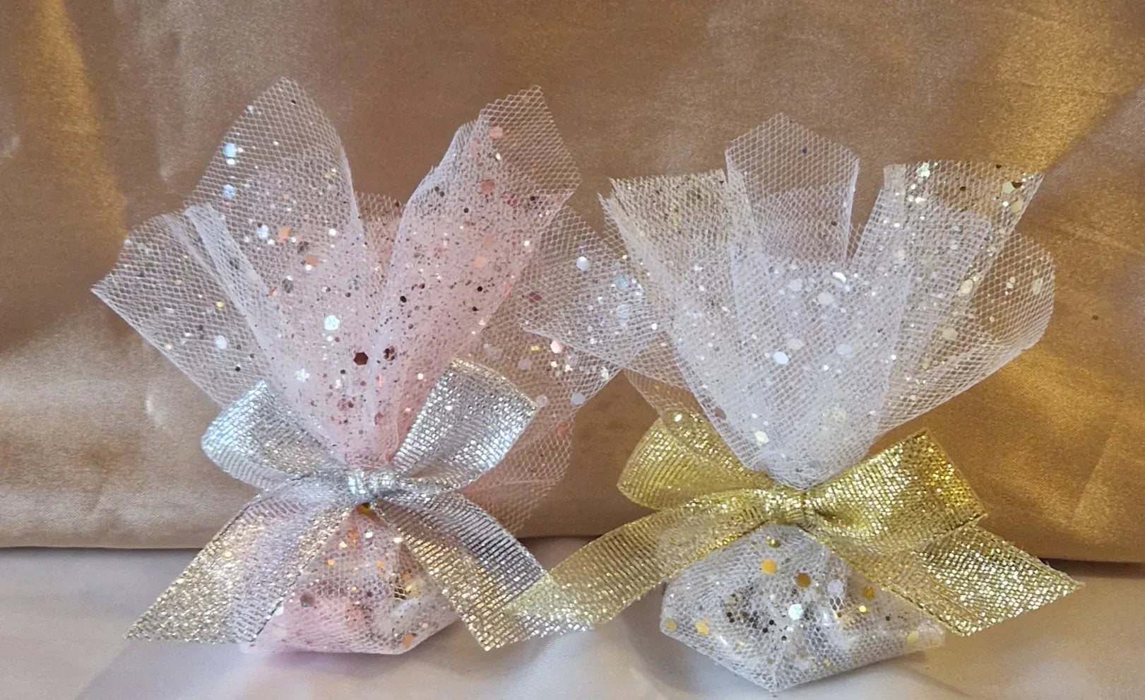 Pochon Pailleté Champagne & Blanc Élégant - 7 Dragées Chocolat Premium - AngelAnge