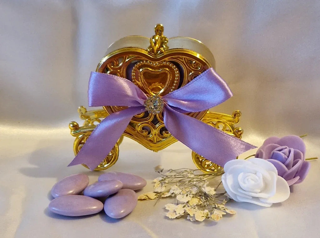 Carrosse Doré Mariage Nœud Parme & Strass - 7 Dragées Chocolat Incluses - AngelAnge