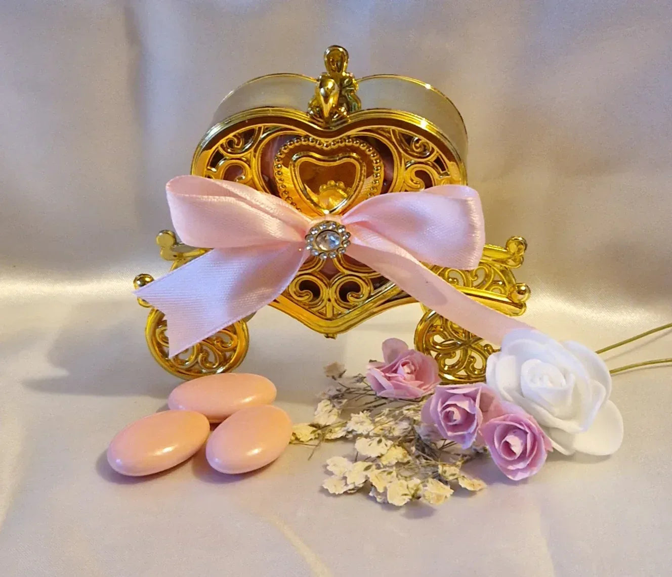 Carrosse Doré Mariage Nœud Rose & Strass - 7 Dragées Chocolat Rose Incluses - AngelAnge