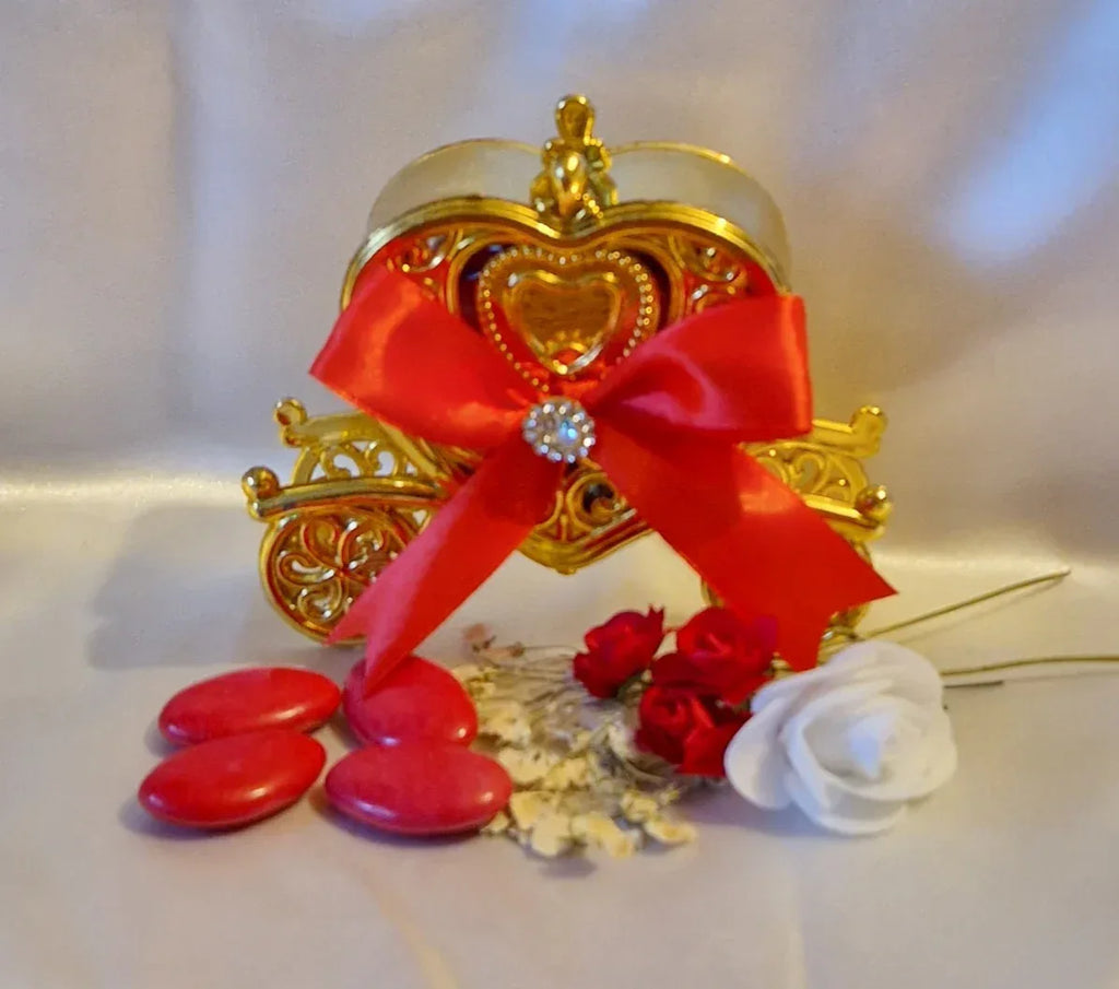 Carrosse Doré Mariage Nœud Rouge & Strass - 7 Dragées Chocolat Rouge Incluses - AngelAnge