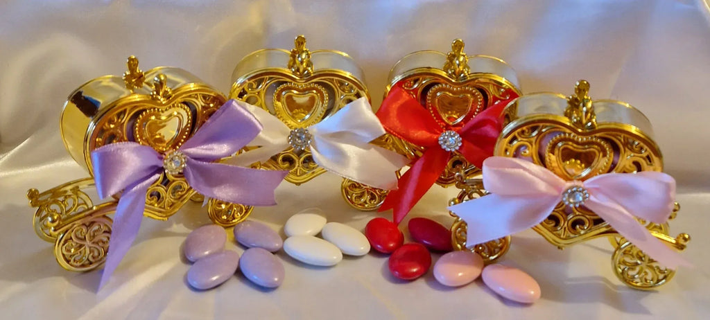 Carrosse Doré Mariage Nœud Rouge & Strass - 7 Dragées Chocolat Rouge Incluses - AngelAnge