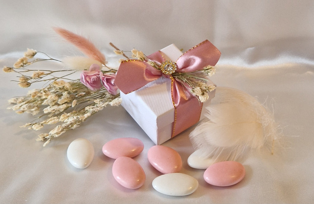 Boîte Cadeau Mariage Blanche Relief Abeille Rose et Doré - Contenant Dragées