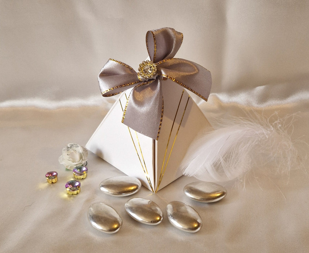 Pyramide Mariage Gris et Doré + 10 Dragées Chocolat - Cadeau Invité Élégant