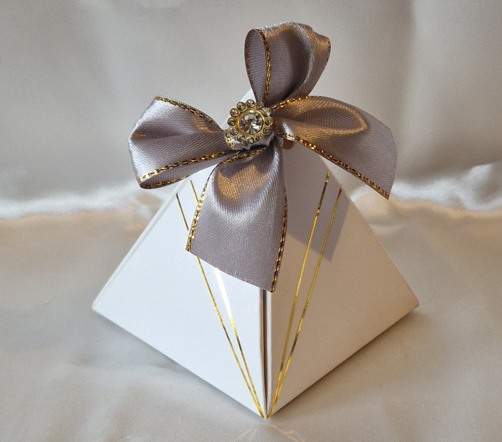 Pyramide Mariage Gris et Doré + 10 Dragées Chocolat - Cadeau Invité Élégant