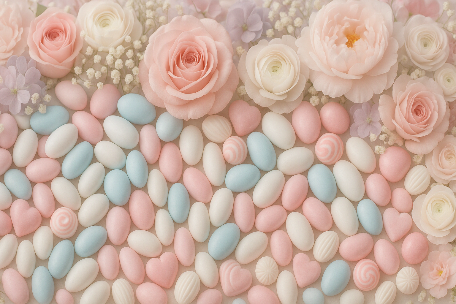 Bannière avec plus de fleurs, dragées et bonbons