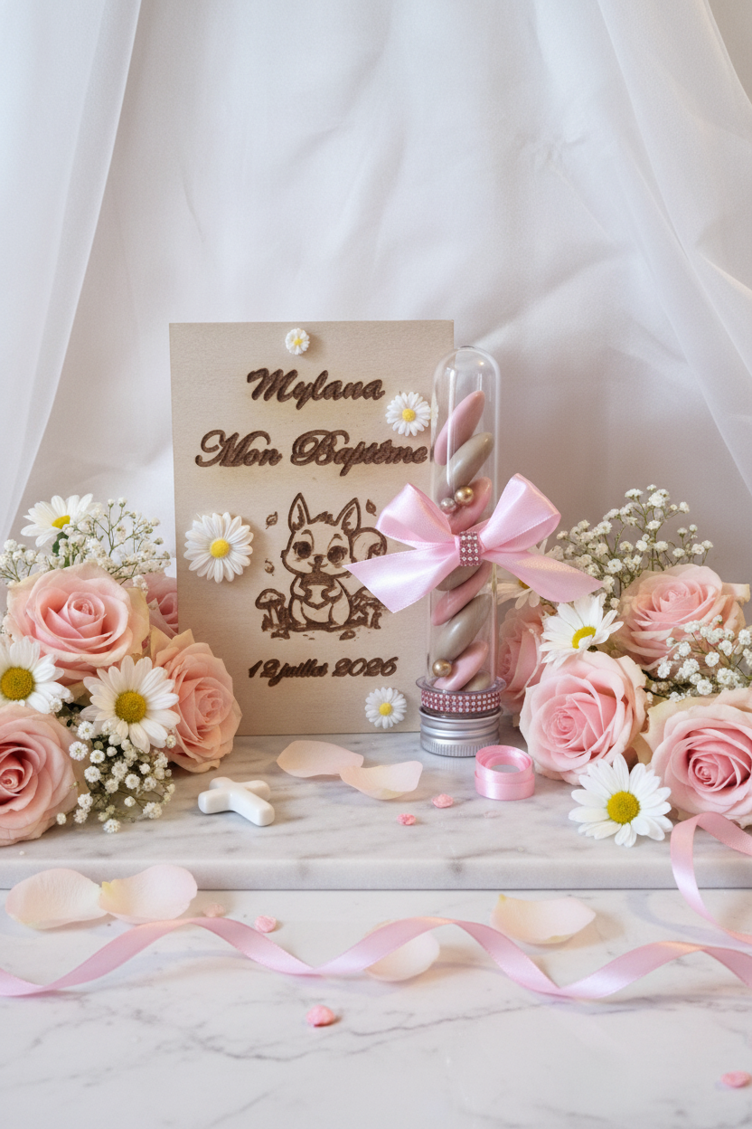 Baptême Fille – Montage Fleurs Roses & Marguerites