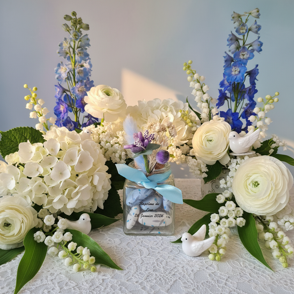 Baptême garçon fleuri printemps