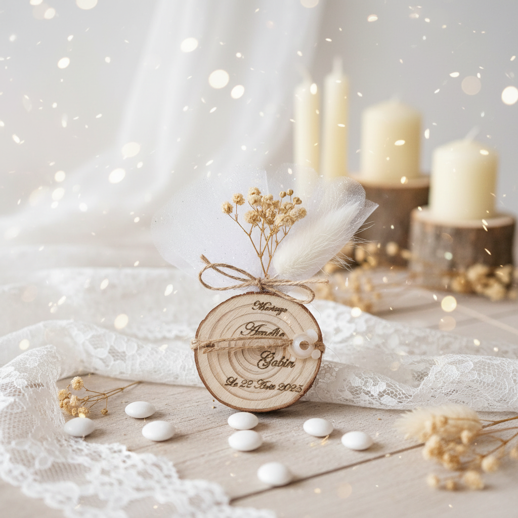 Contenant Baptême Blanc Médaillon Bois Premium