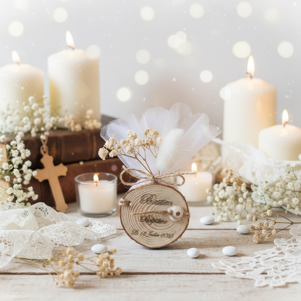 Contenant Baptême Médaillon Bois Vue Devant