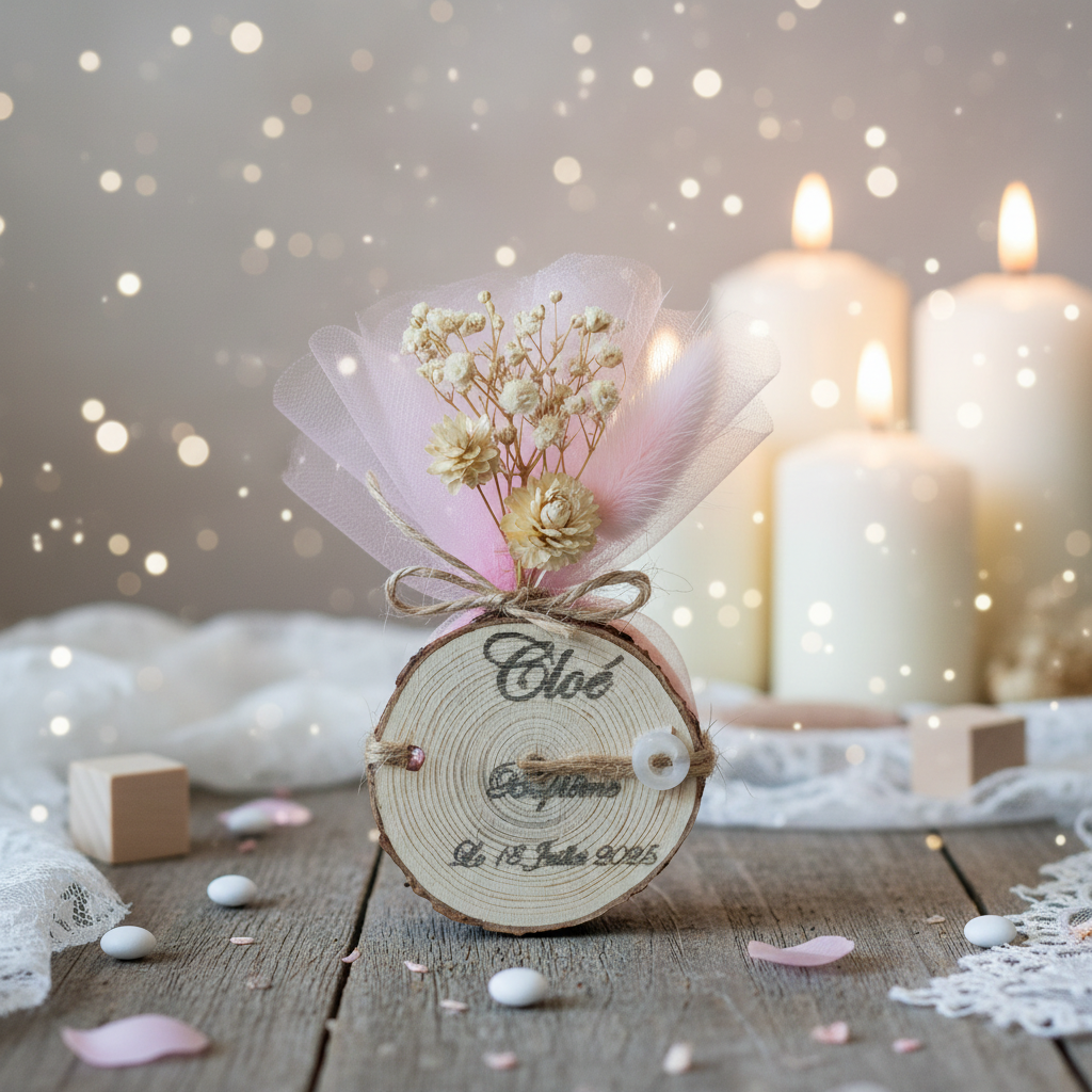 Contenant Baptême Rose Médaillon Bois