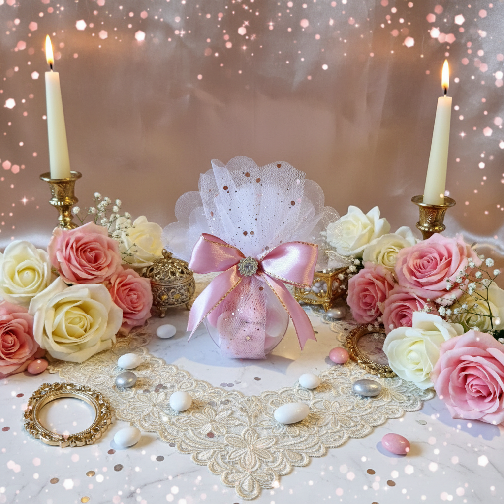 Contenant Romantique Blanc et Rose Pailleté