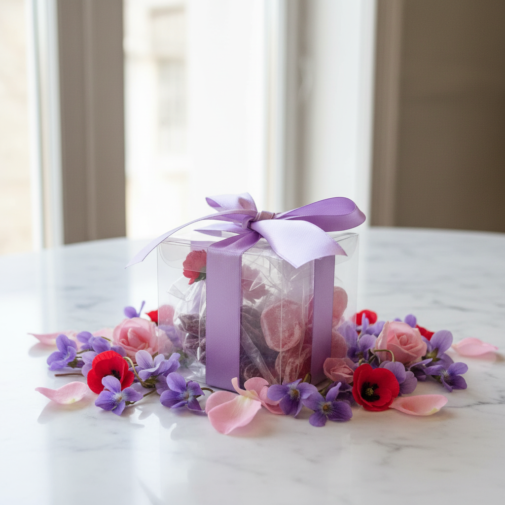 Mise en scène boîte bonbons violette et coquelicot