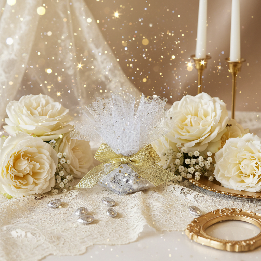 Pochon Pailleté Champagne & Blanc - 7 Dragées