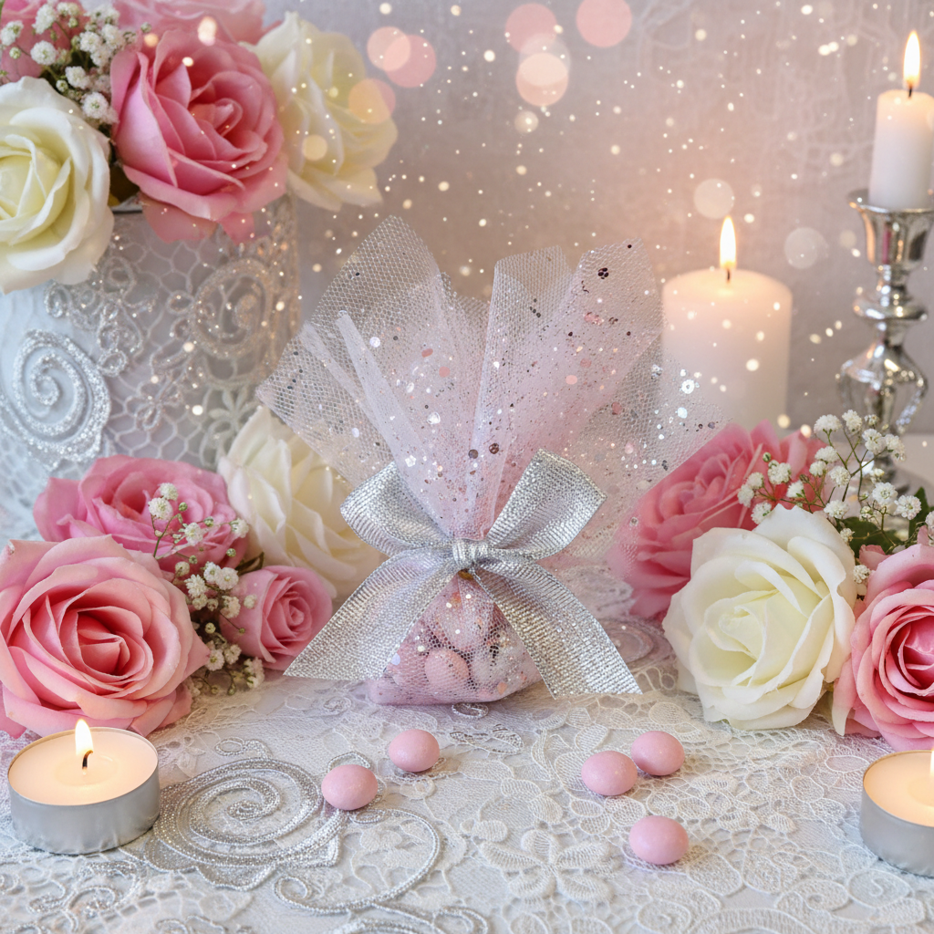 Pochon Pailleté Rose & Blanc - 7 Dragées Roses