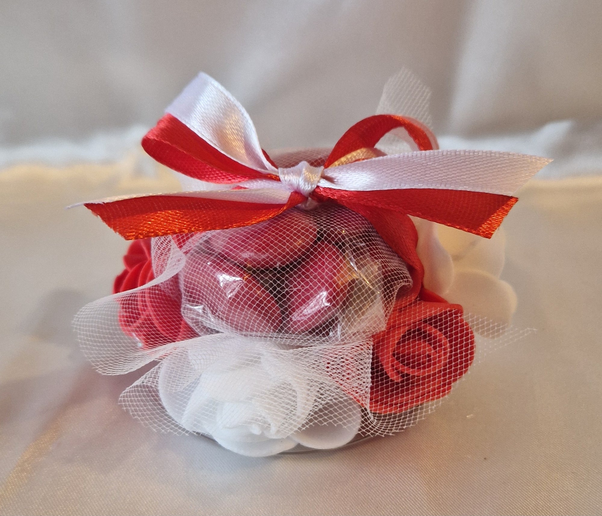 Contenant Floral Rouge et Blanc + 7 Dragées Chocolat - Cadeau Mariage Passion