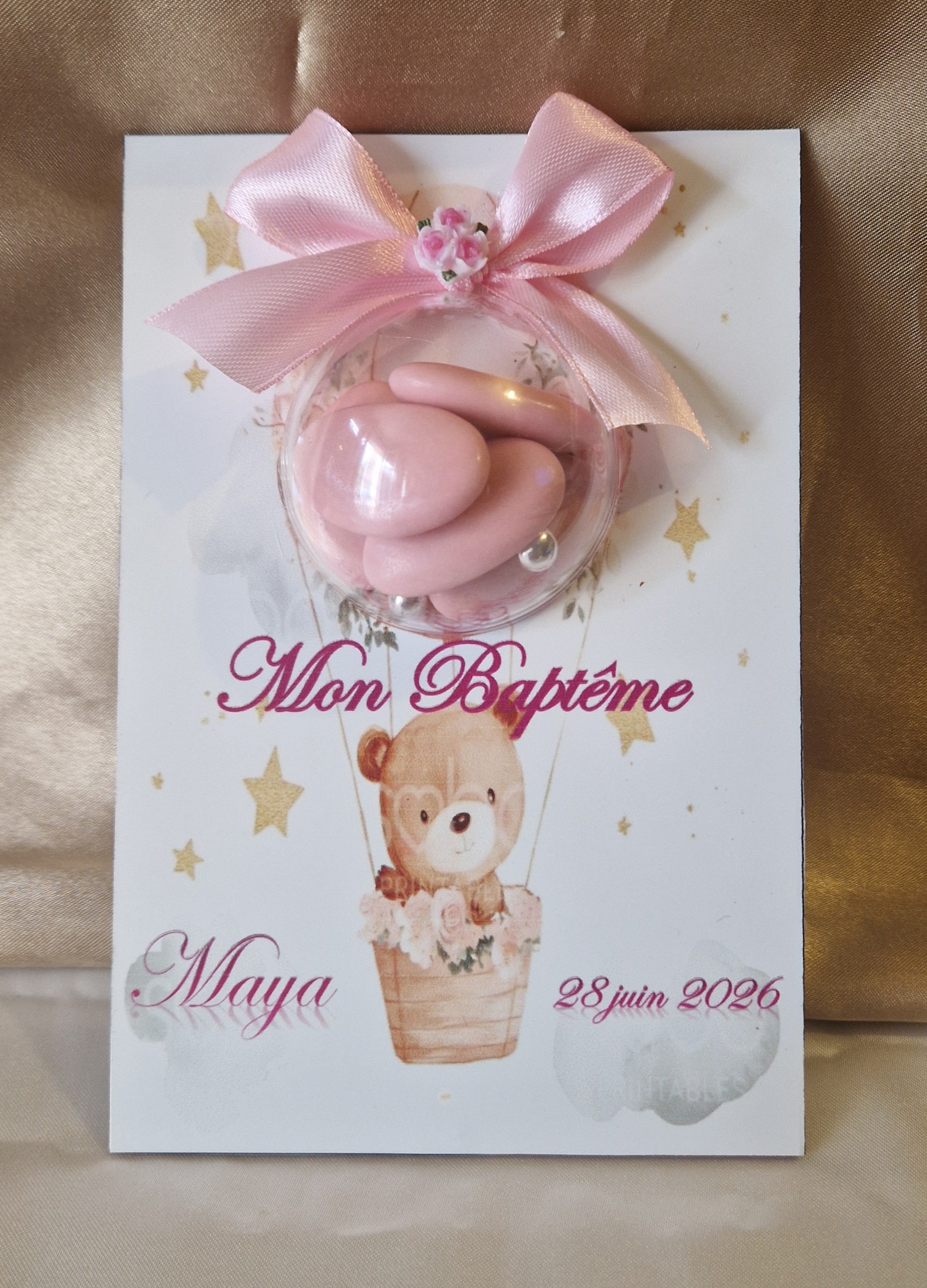 Support Bois Montgolfière Baptême Fille 🌸 Sphère & Dragées Reynaud
