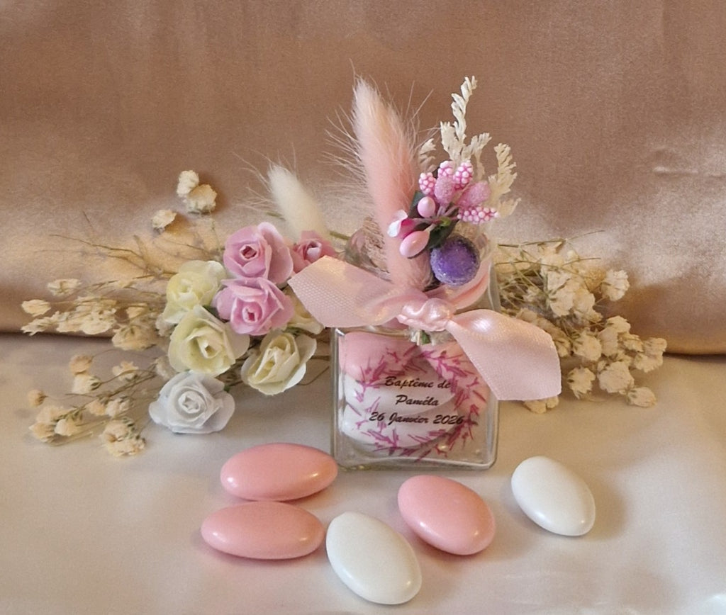 Contenant Floral Baptême Fille Rose et Mauve + Dragées - Cadeau Romantique