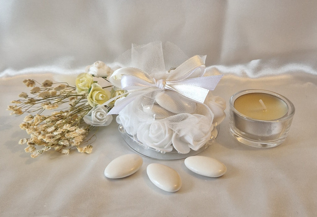 Contenant Floral Blanc + 7 Dragées Chocolat - Cadeau Mariage Pur et Élégant