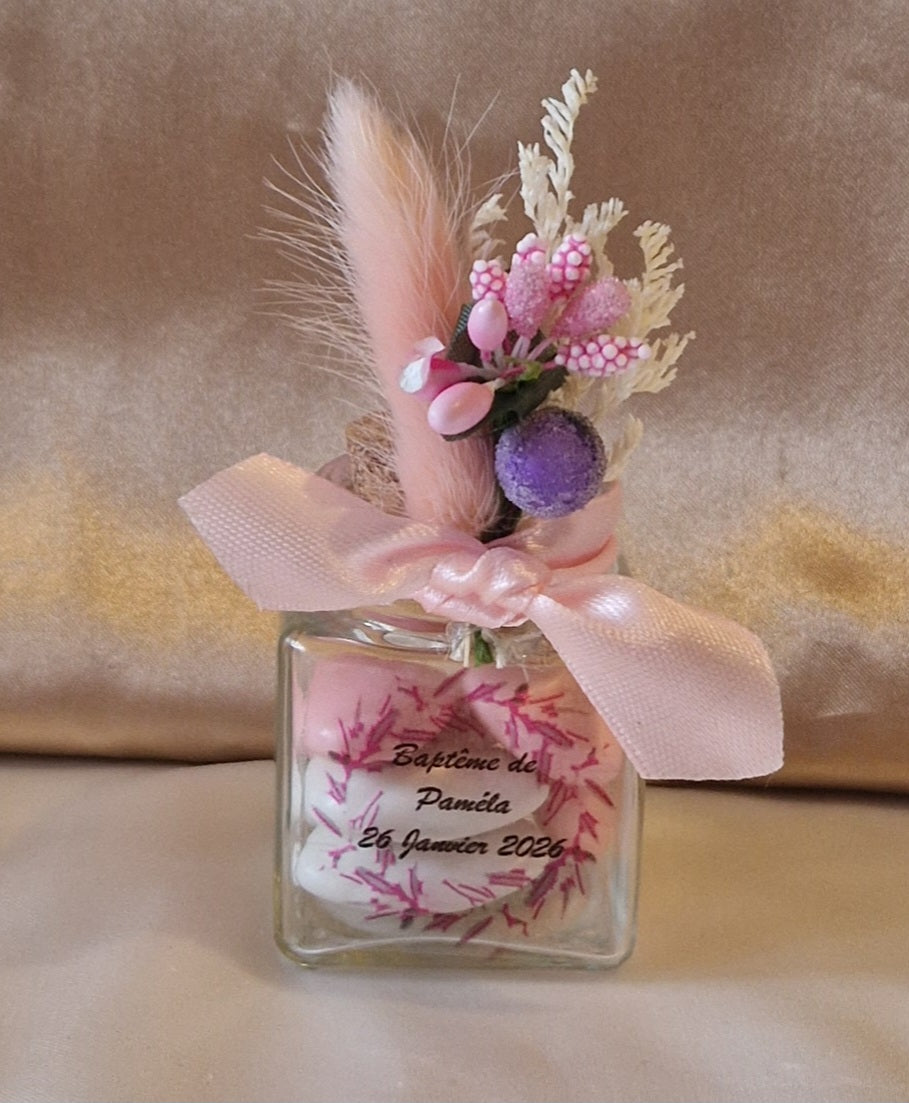 Contenant Floral Baptême Fille Rose et Mauve + Dragées - Cadeau Romantique