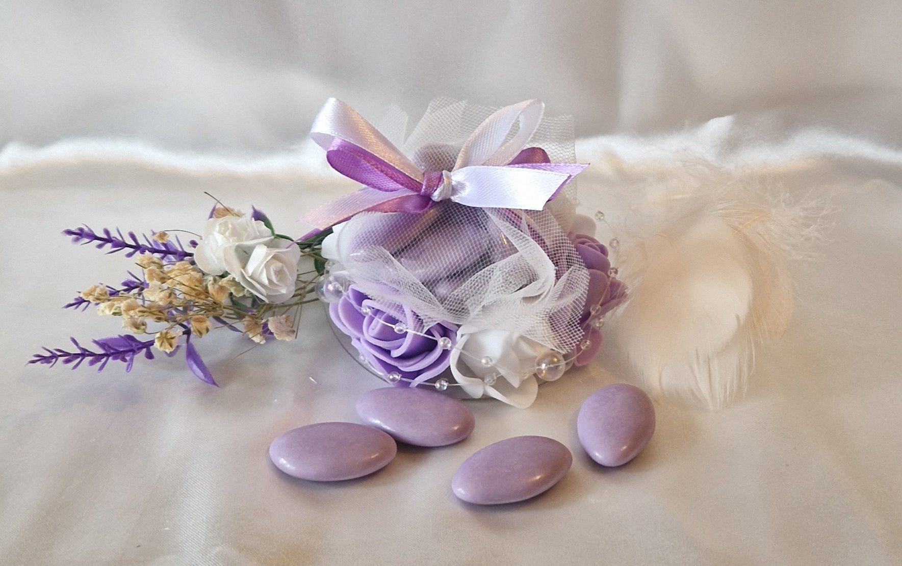 Contenant Floral Parme et Blanc + 7 Dragées Chocolat - Cadeau Mariage Élégant