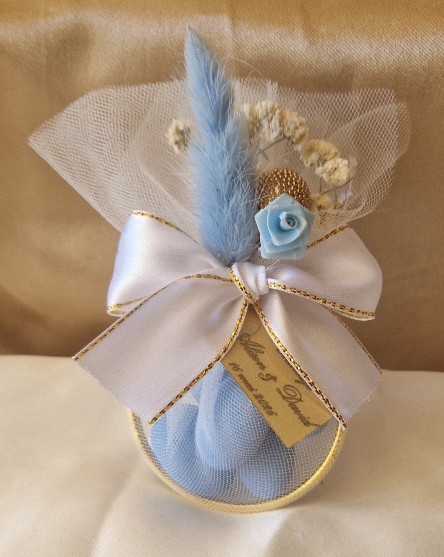 Contenant Mariage ✨ Floral Bleu, Blanc & Doré avec Dragées Reynaud aux Amandes
