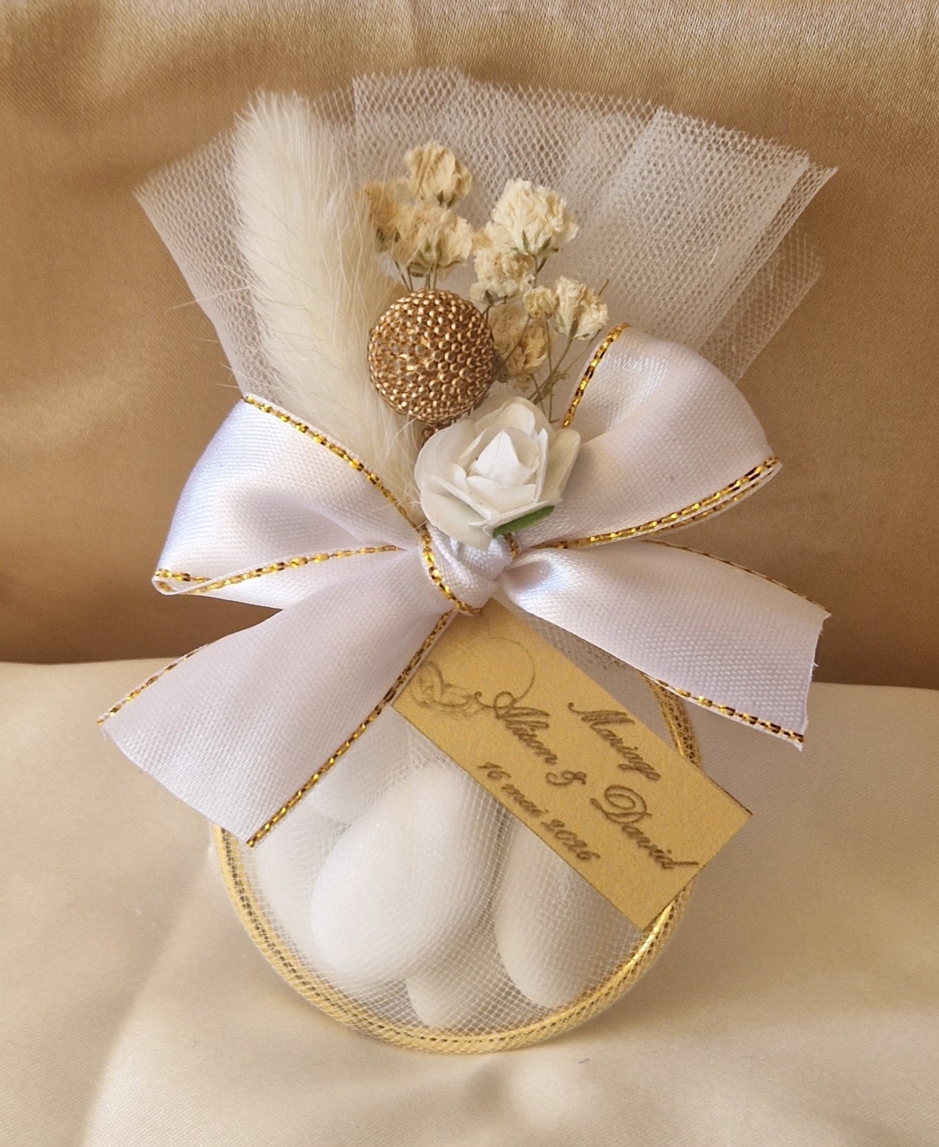 Contenant Mariage ✨ Floral Blanc & Doré avec Dragées Reynaud au Chocolat