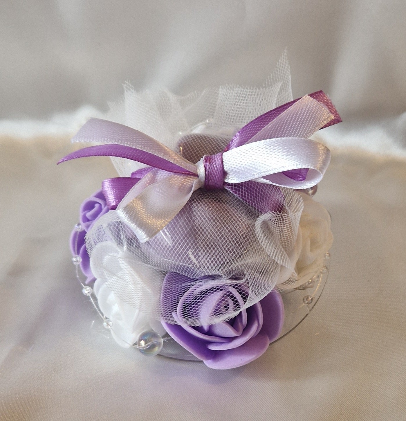 Contenant Floral Parme et Blanc + 7 Dragées Chocolat - Cadeau Mariage Élégant