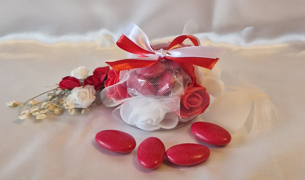Contenant Floral Rouge et Blanc + 7 Dragées Chocolat - Cadeau Mariage Passion