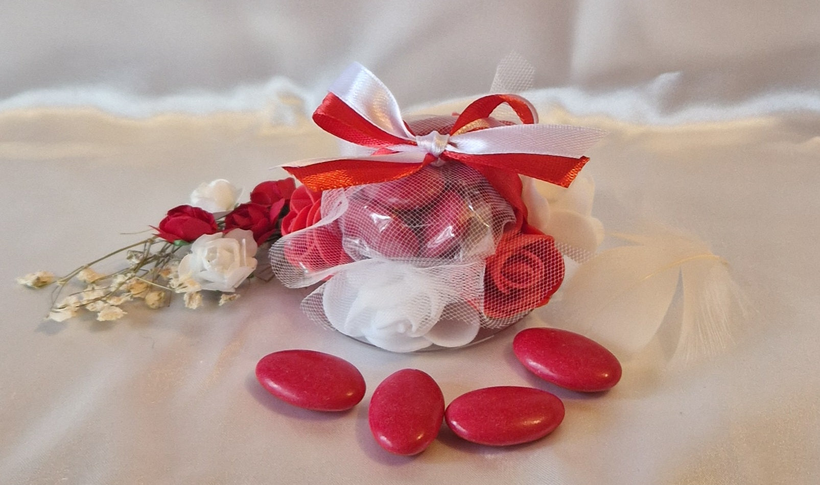 Contenant Floral Rouge et Blanc + 7 Dragées Chocolat - Cadeau Mariage Passion