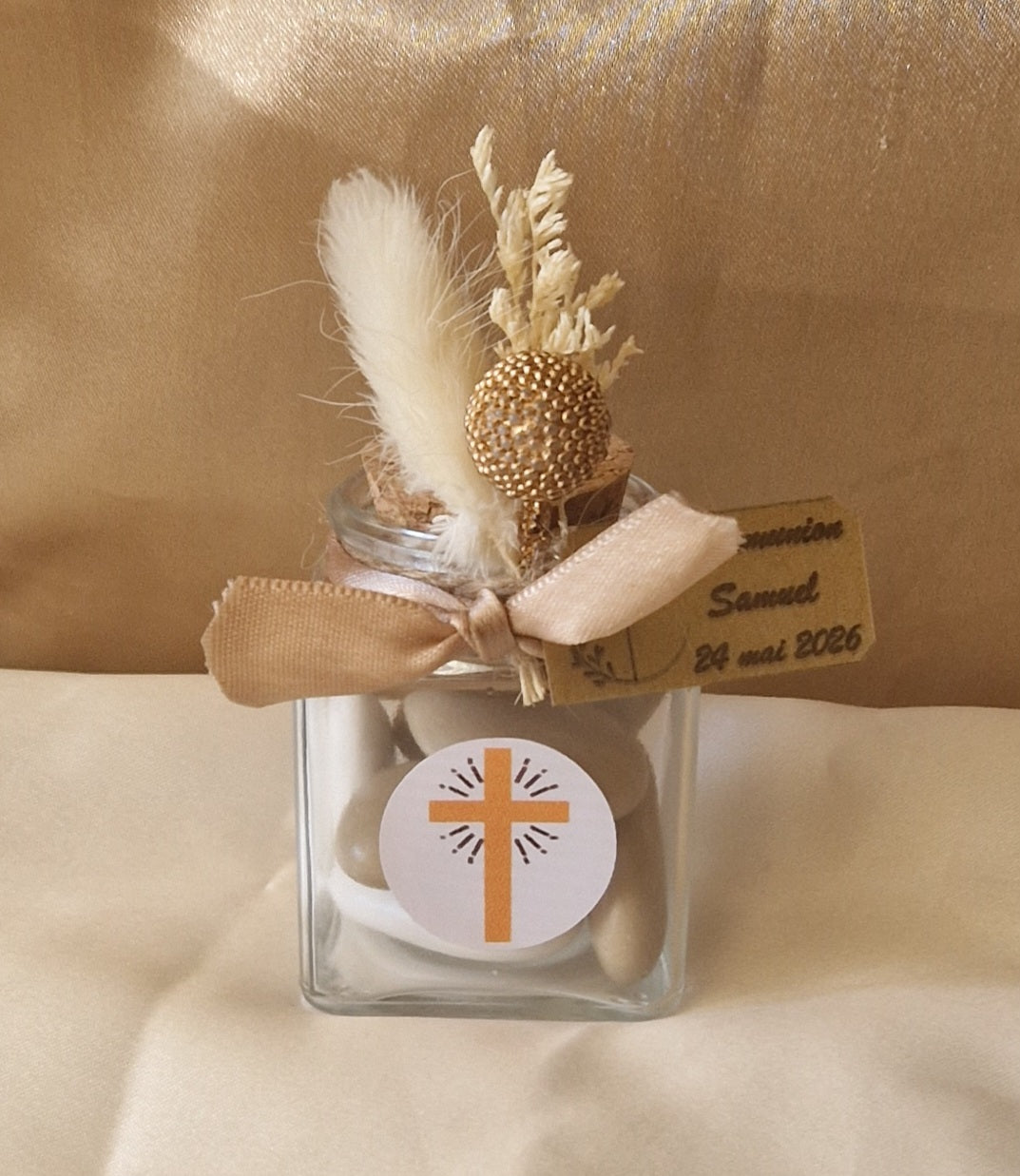 Contenant Communion ✨ Verre Floral Doré & Dragées Reynaud au Chocolat