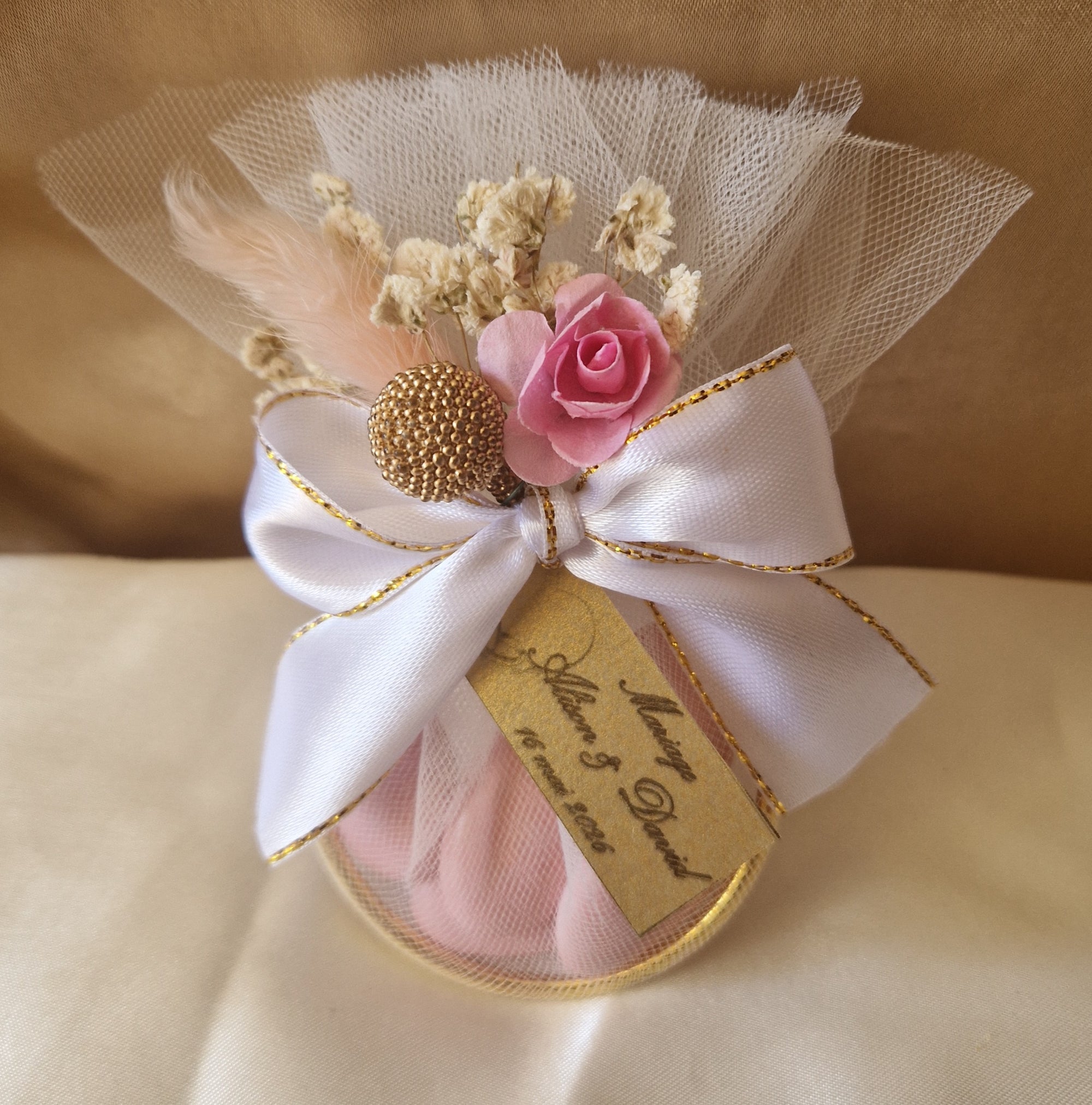 Contenant Mariage ✨ Floral Rose & Doré avec Dragées Reynaud au Chocolat