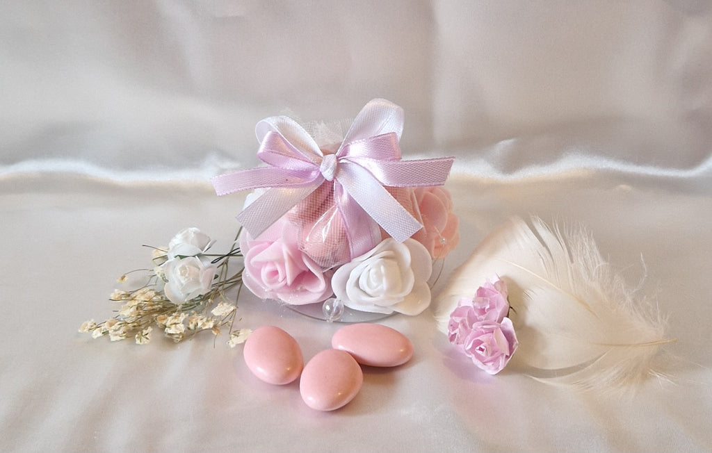 Contenant Floral Rose et Blanc + 7 Dragées Chocolat - Cadeau Mariage Romantique