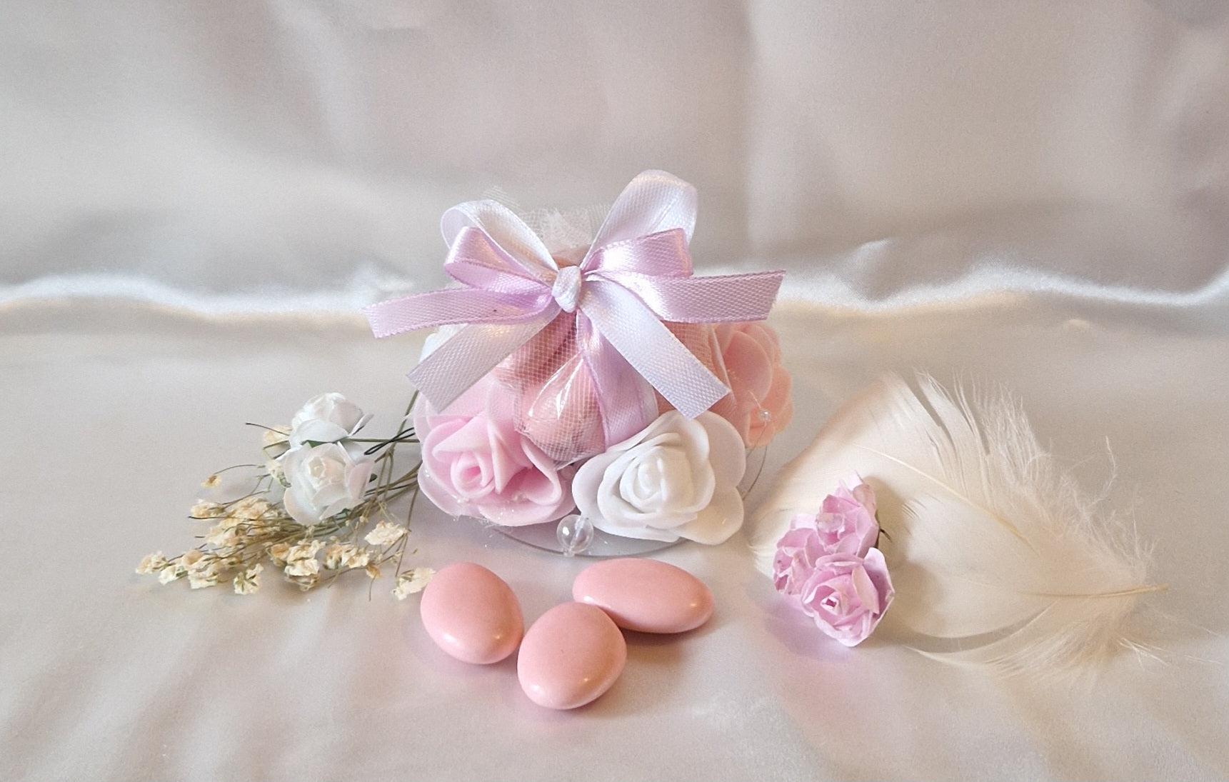 Contenant Floral Rose et Blanc + 7 Dragées Chocolat - Cadeau Mariage Romantique