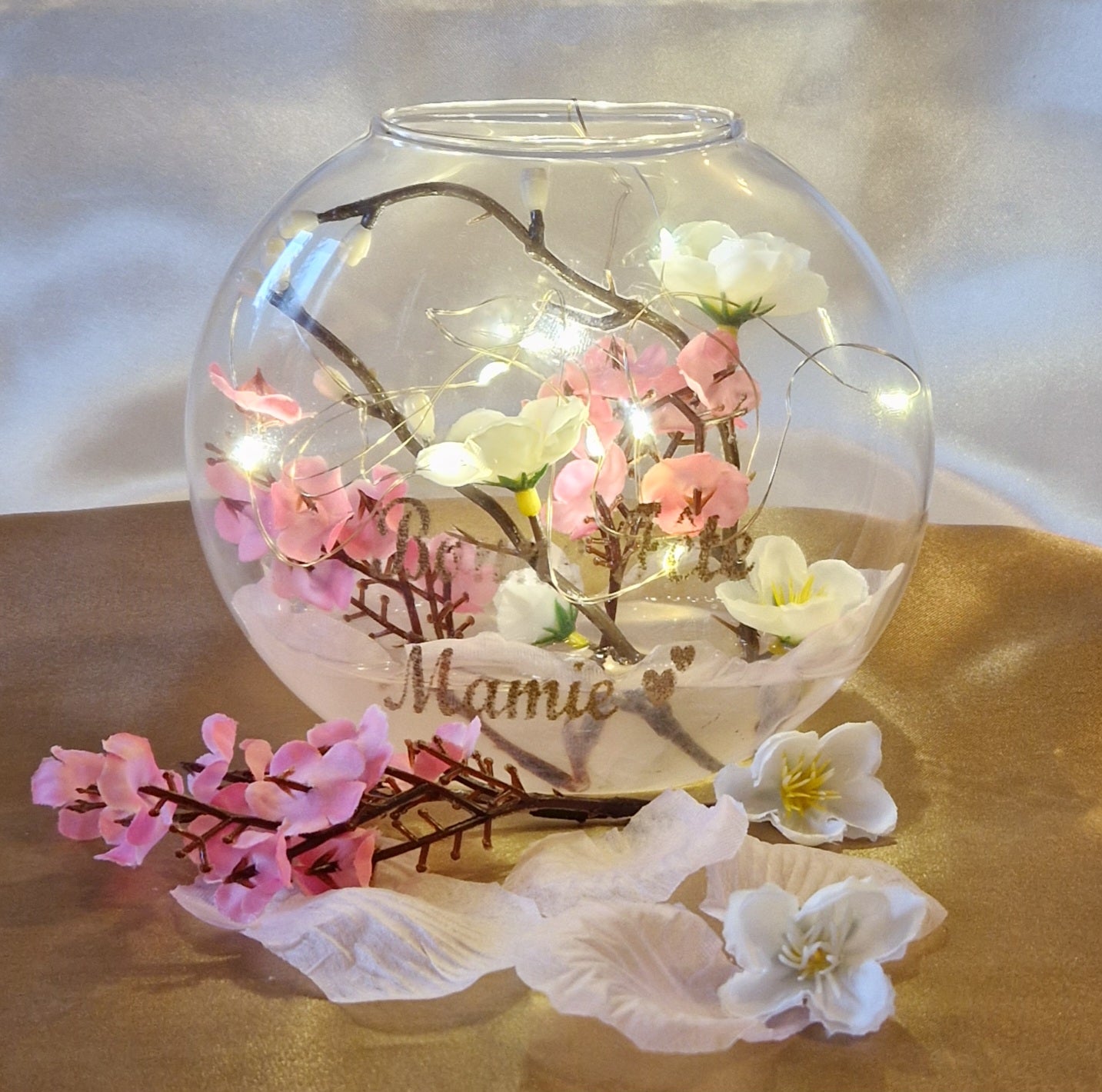 Vase Floral Lumineux Fête des Mamies - Fleurs de Cerisier Dorées