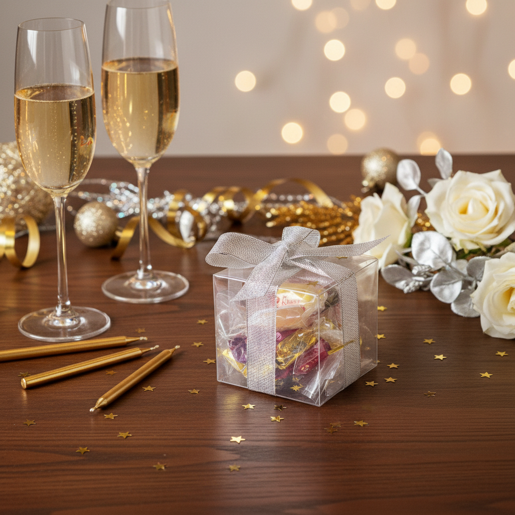 Scène fête anniversaire boîte argentée