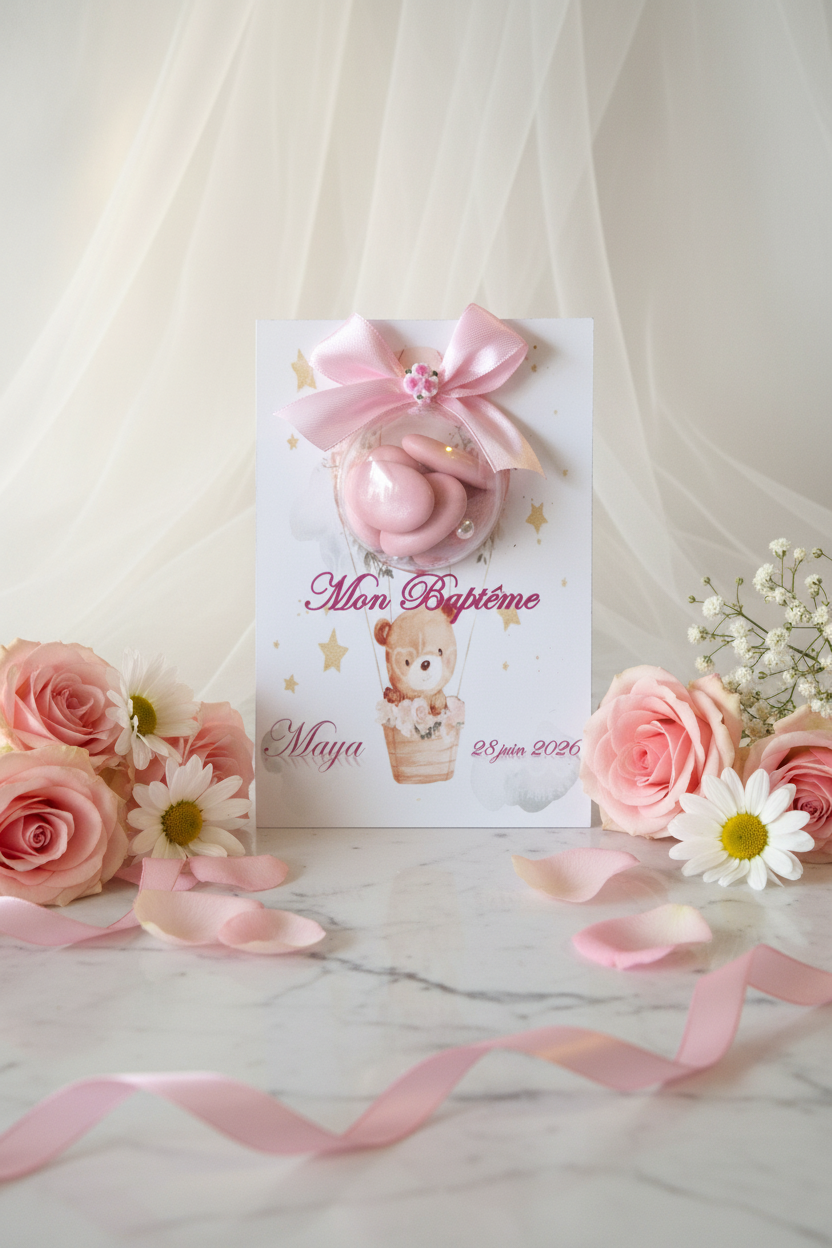 Support Montgolfière Baptême Fille – Montage Éditorial